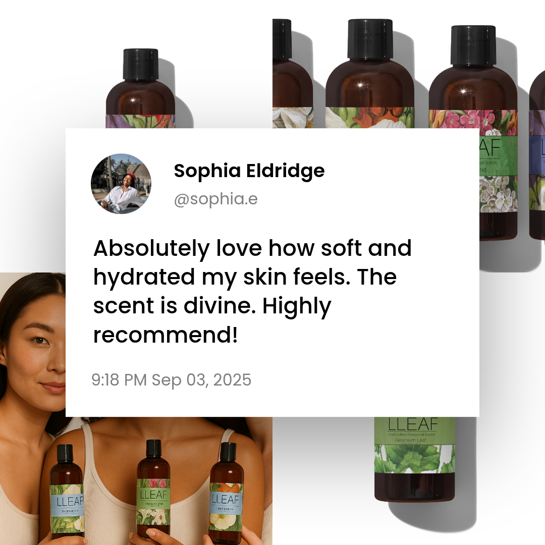 Product bottles with a testimonial overlay featuring a person holding the products.