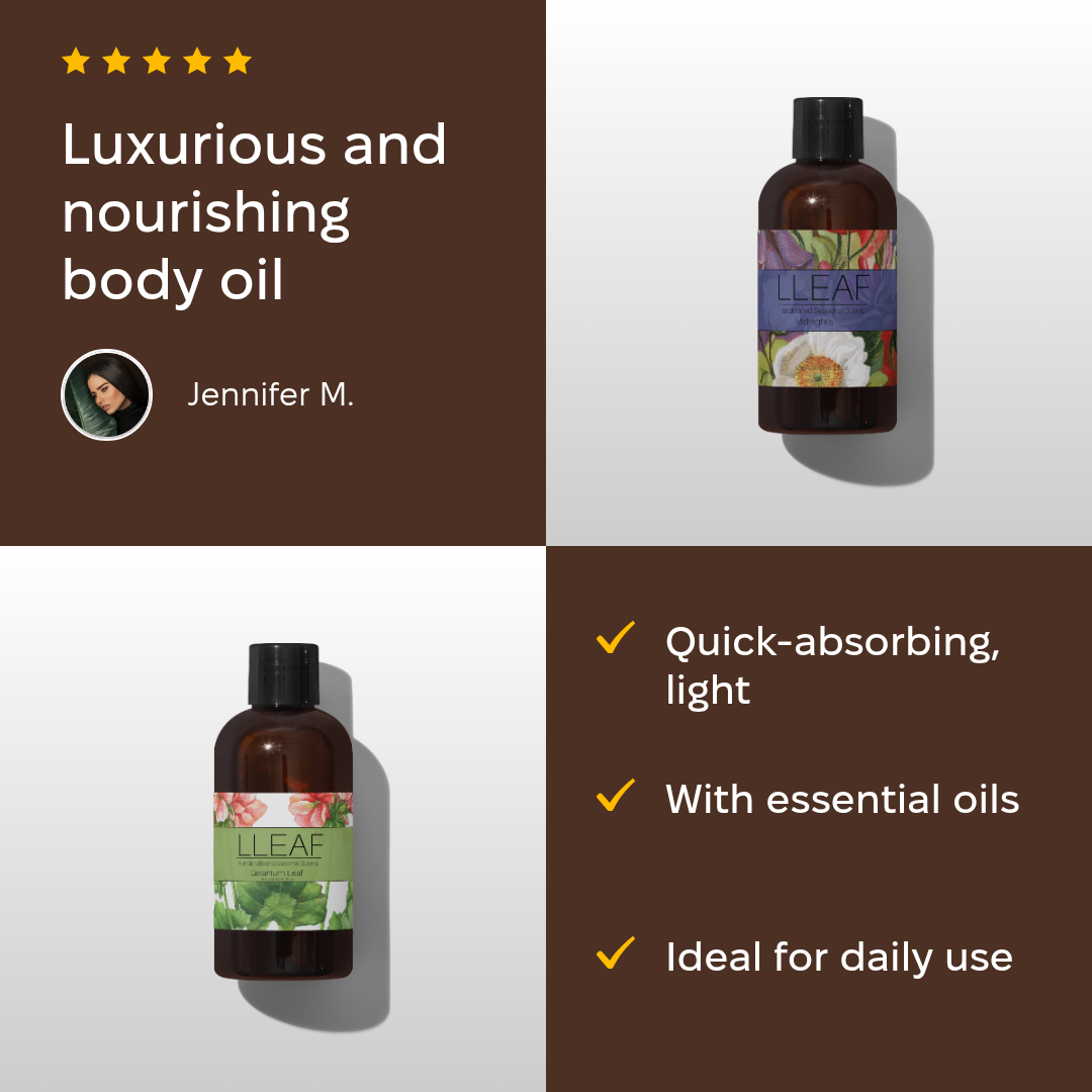 Body oil bottle with label and text about luxurious and nourishing properties on a white background.