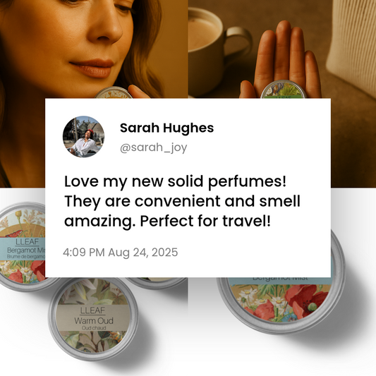 Solid perfumes with a tweet overlay featuring Sarah Hughes' review.