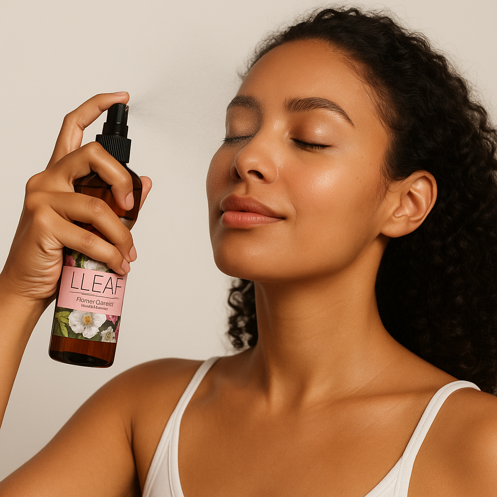 Woman holding a bottle of LLEAF product against a neutral background