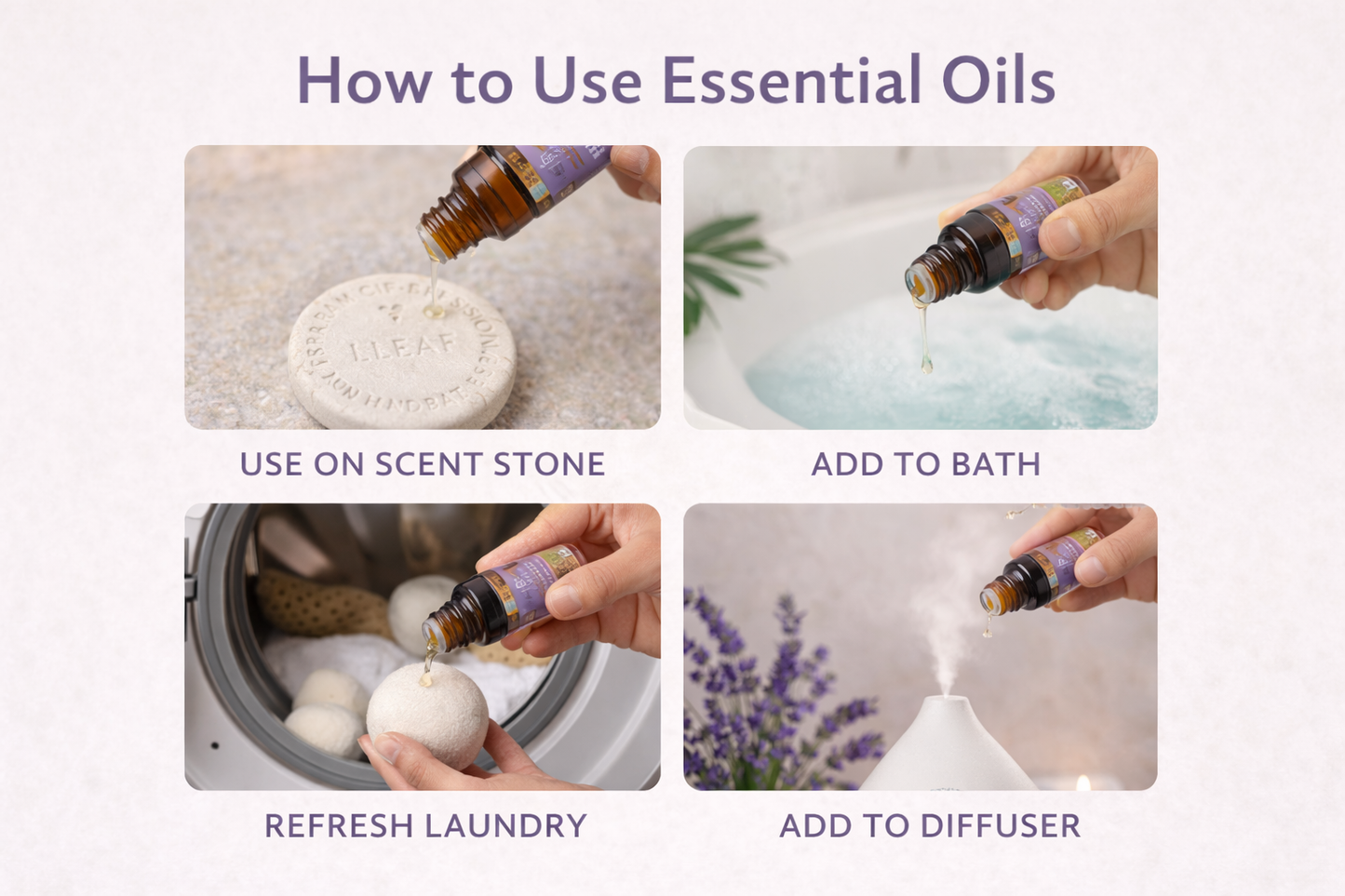 Instructions on how to use essential oils with images of application methods.