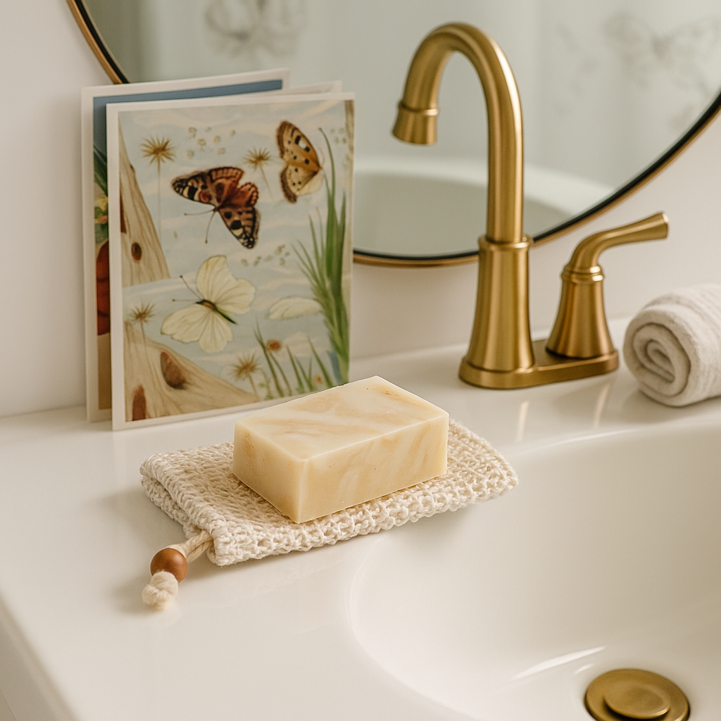 Bar of soap on a washcloth with a butterfly-themed book and gold faucet in the background