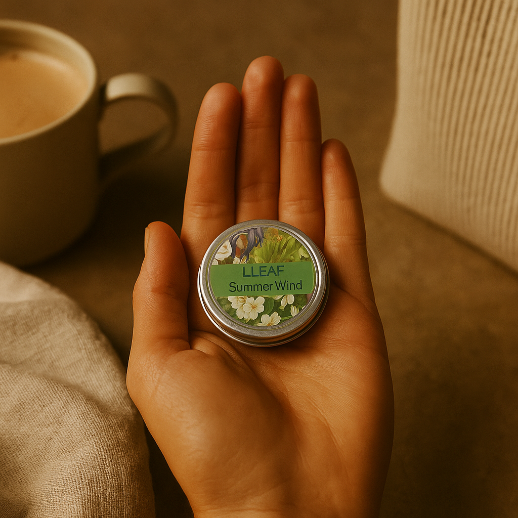Hand holding a small container labeled 'LLEAF Summer Wind' with a cup of coffee in the background.