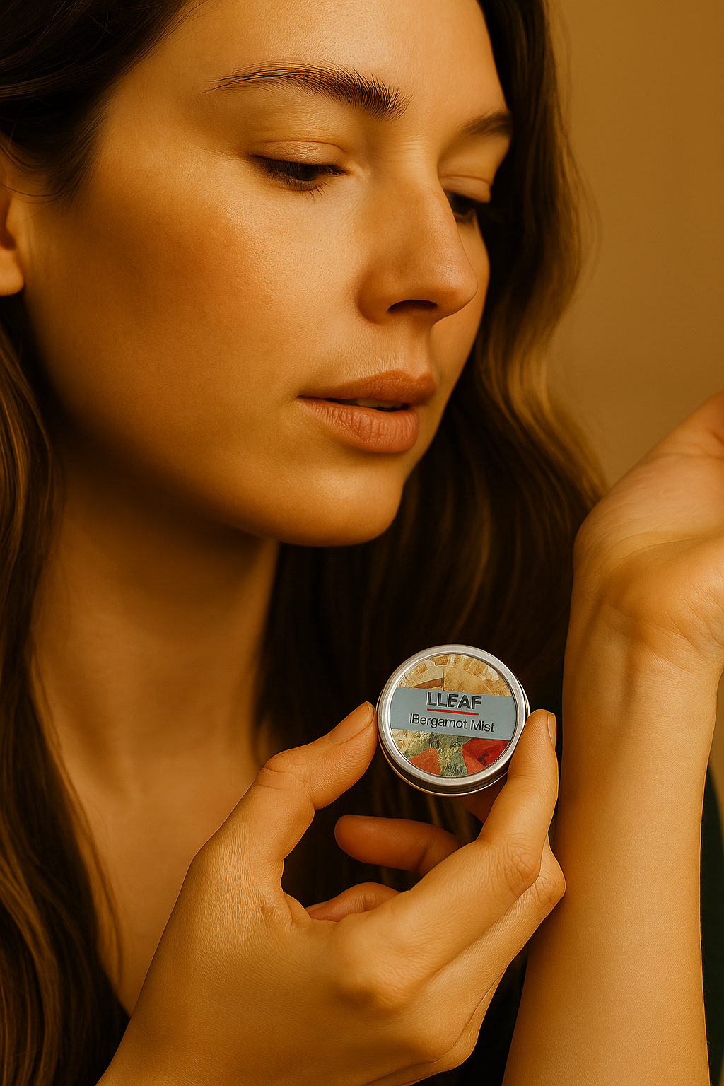 Woman applying a small container of cream to her arm against a neutral background