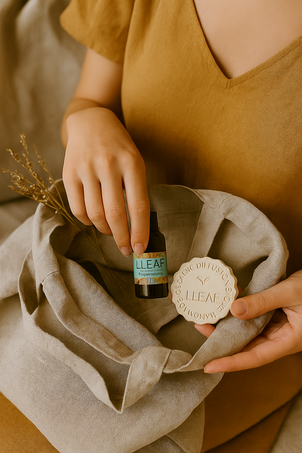 Person holding a bottle labeled 'Lleaf' and a cloth with the same label on a neutral background