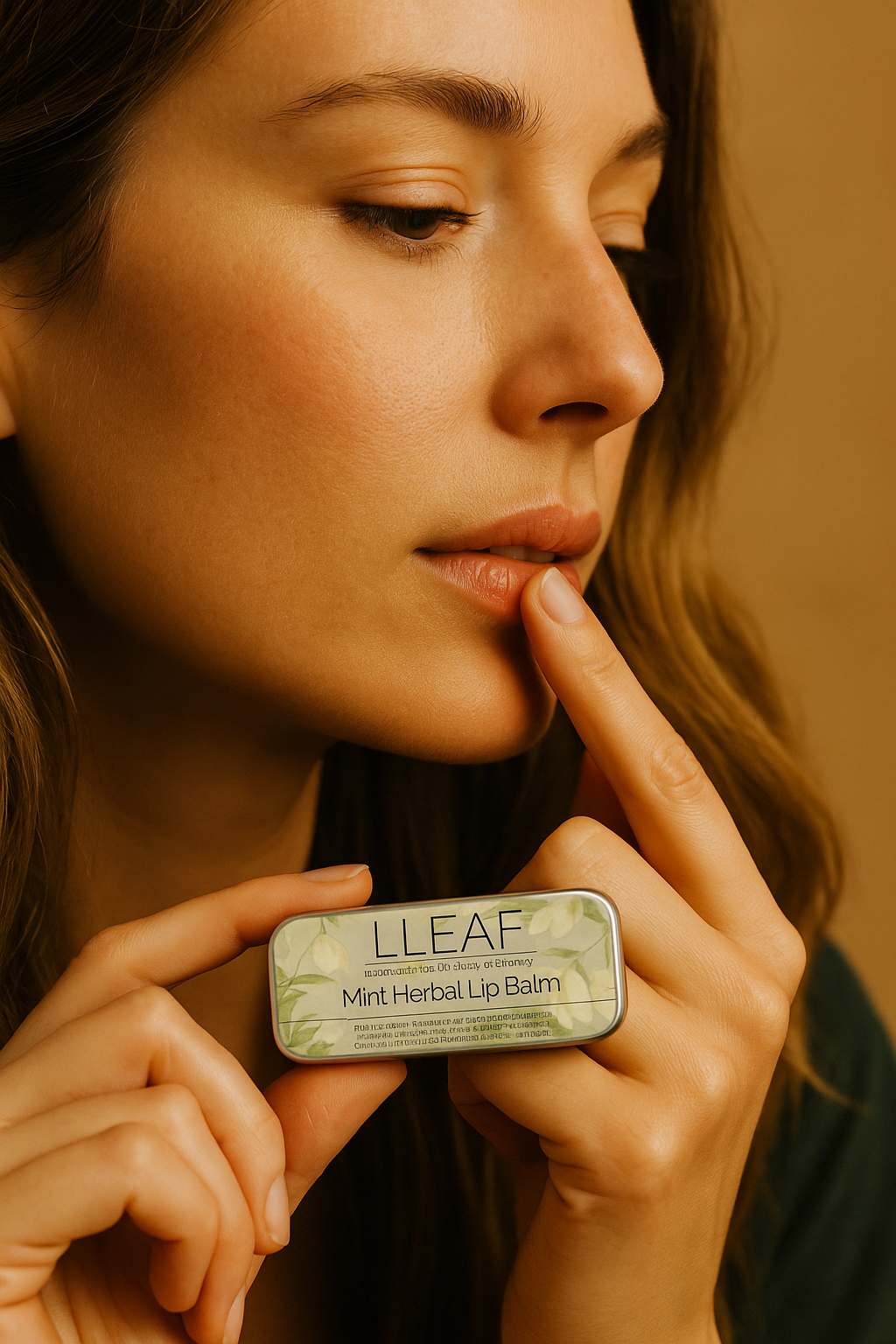 Woman applying LLEAF Mint Herbal Lip Balm to her lips with a warm background