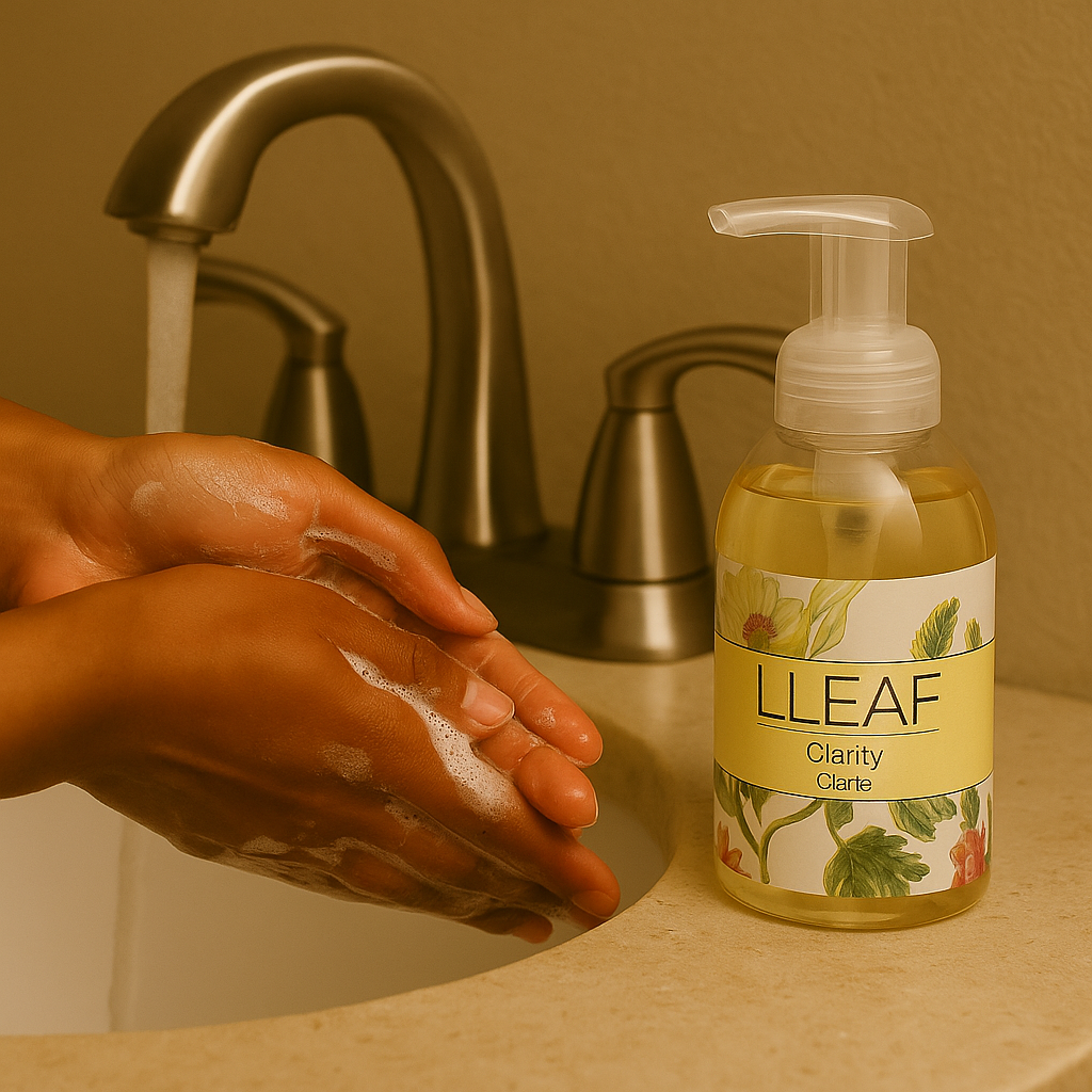 Person washing hands with LLEAF Clarity soap in a sink.