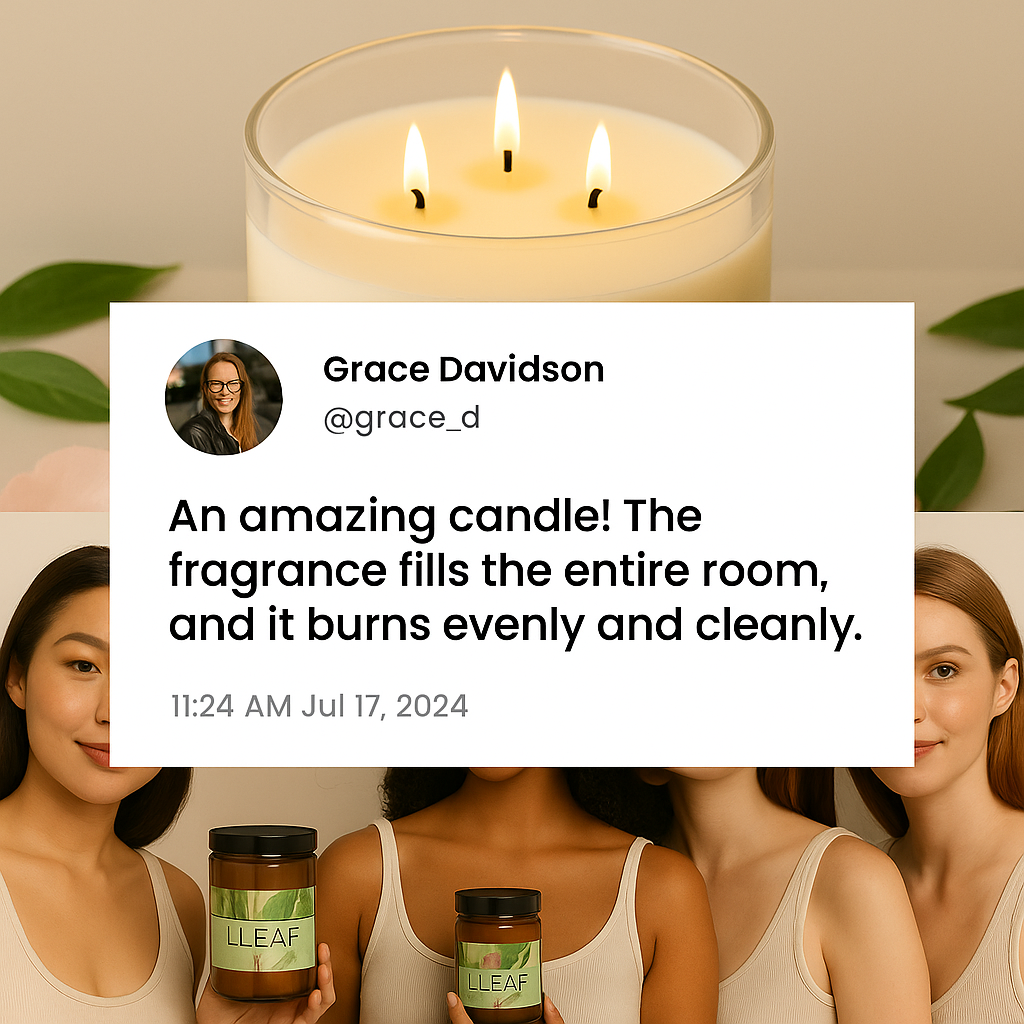 Three women holding candles with a tweet overlay from Grace Davidson praising the candle's fragrance.