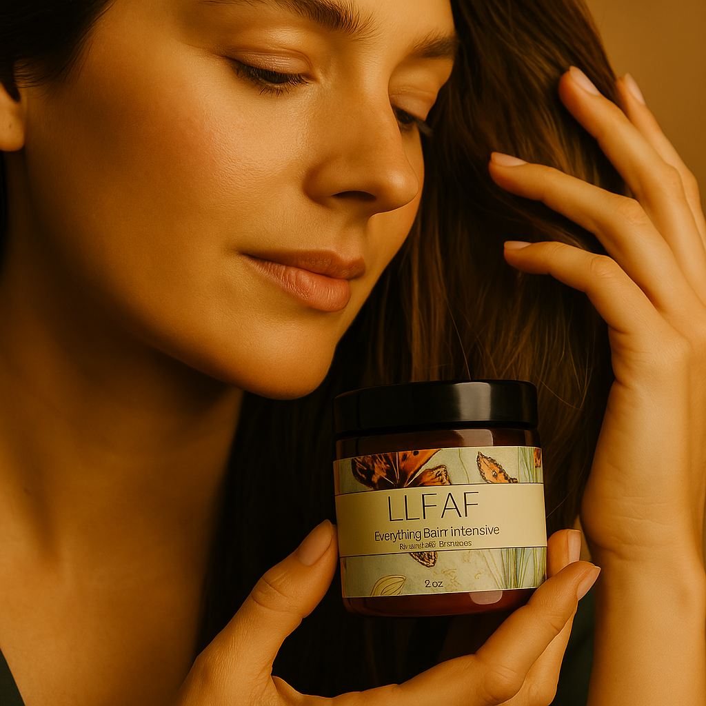 Woman holding a jar of LLFAF balm with a warm, brownish-orange filter.