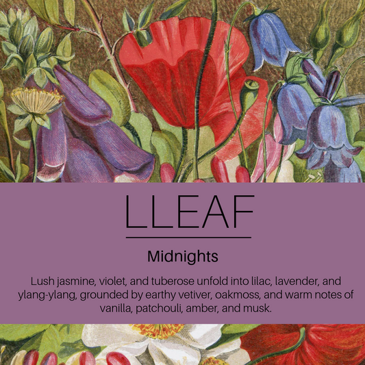 Floral illustration with 'LLEAF' brand name and product description on a purple background