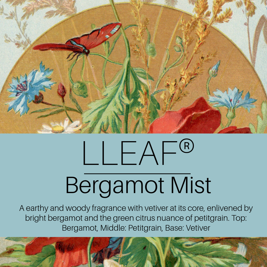 Decorative image of flowers and a butterfly with LLEAF Bergamot Mist branding and description.