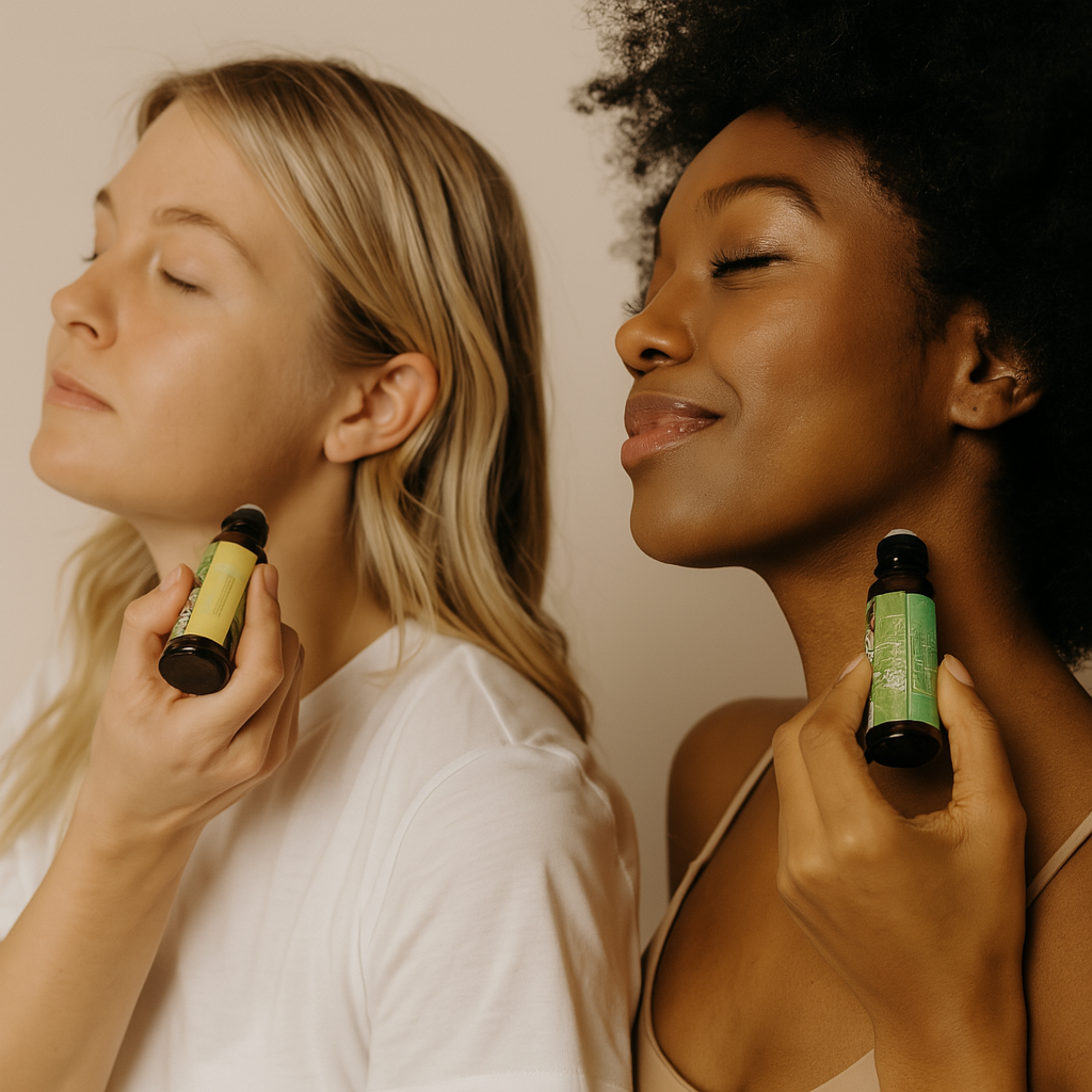 Two women holding small bottles against a neutral background