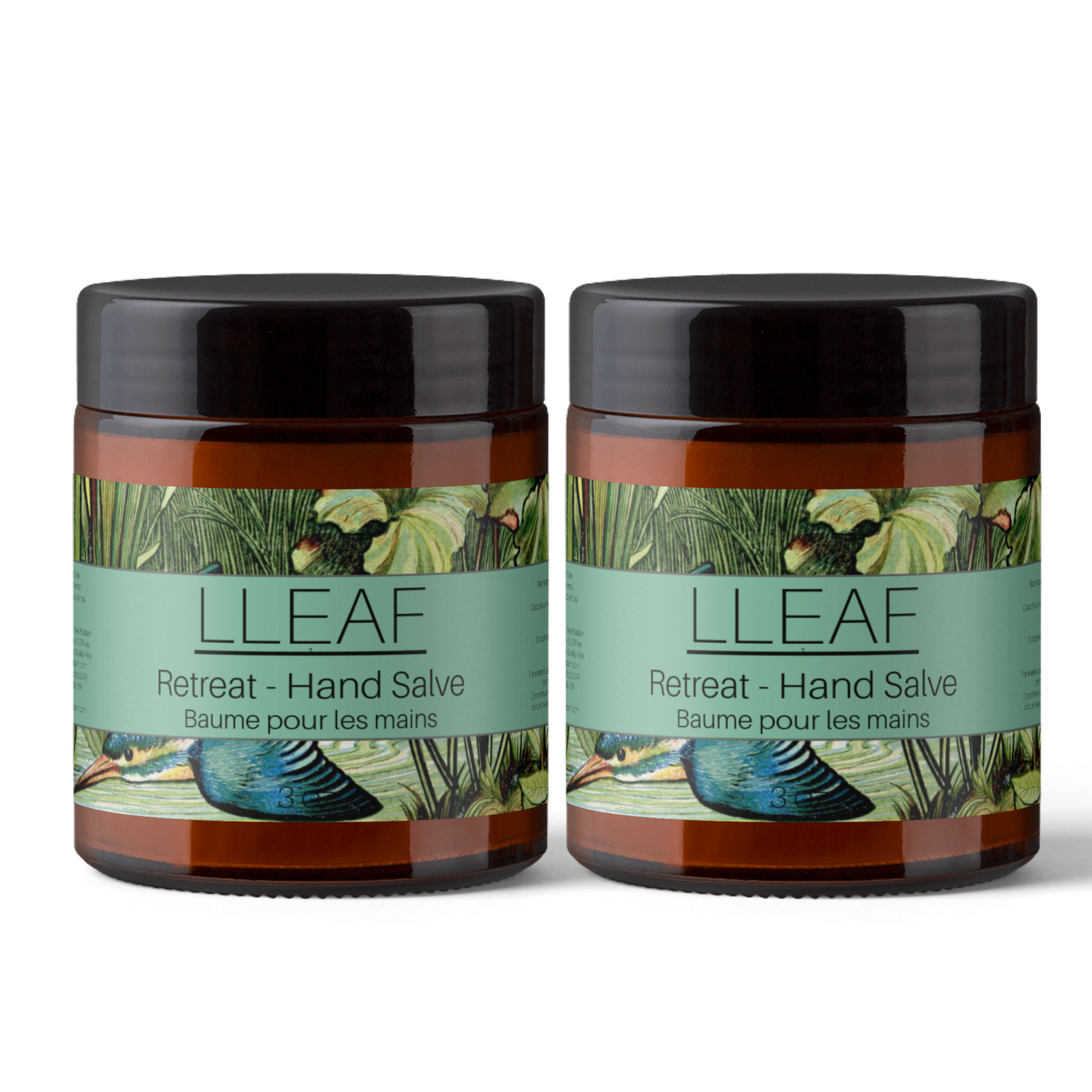 Two jars of LLEAF Retreat Hand Salve on a white background