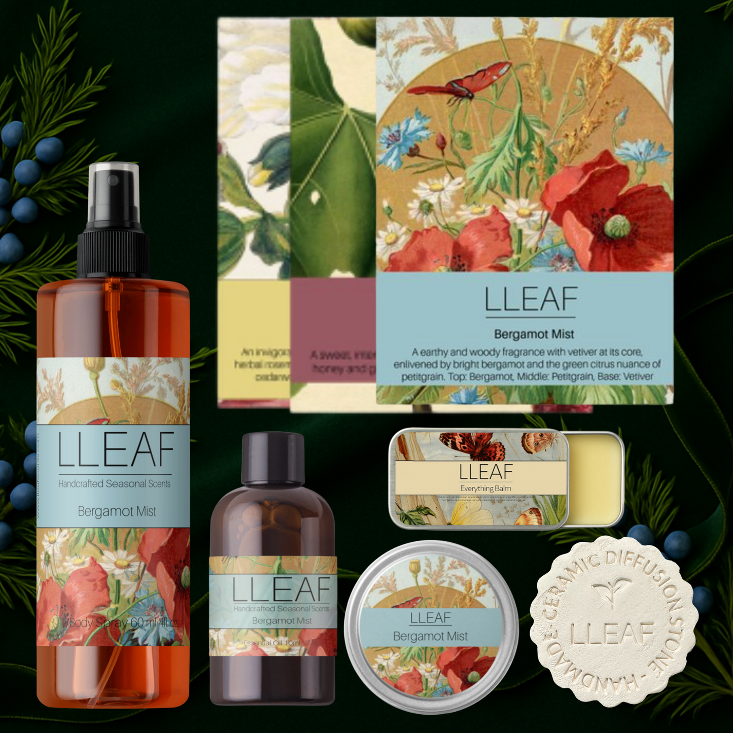 Collection of LLEAF products including a bottle, soap, and diffuser on a green leafy background.
