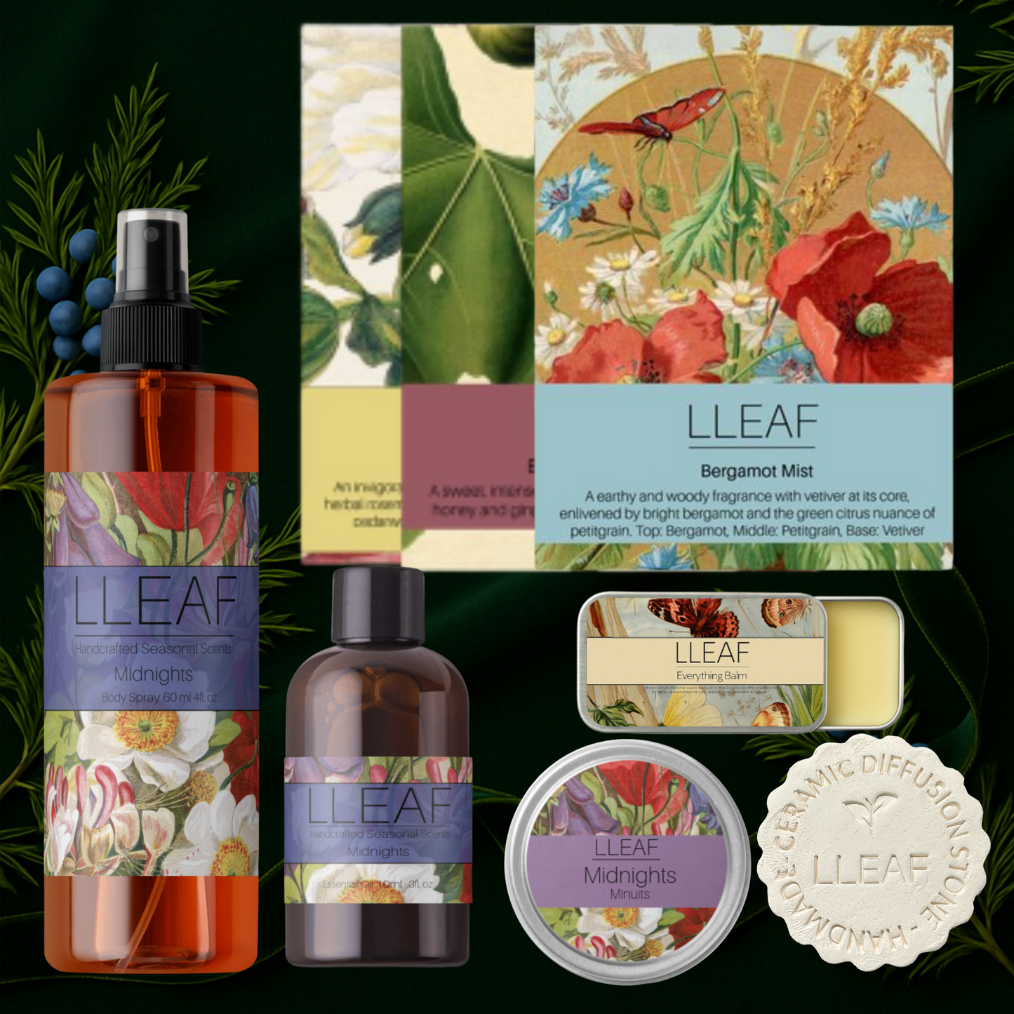 Collection of LLEAF products including bottles, boxes, and a soap on a green leafy background
