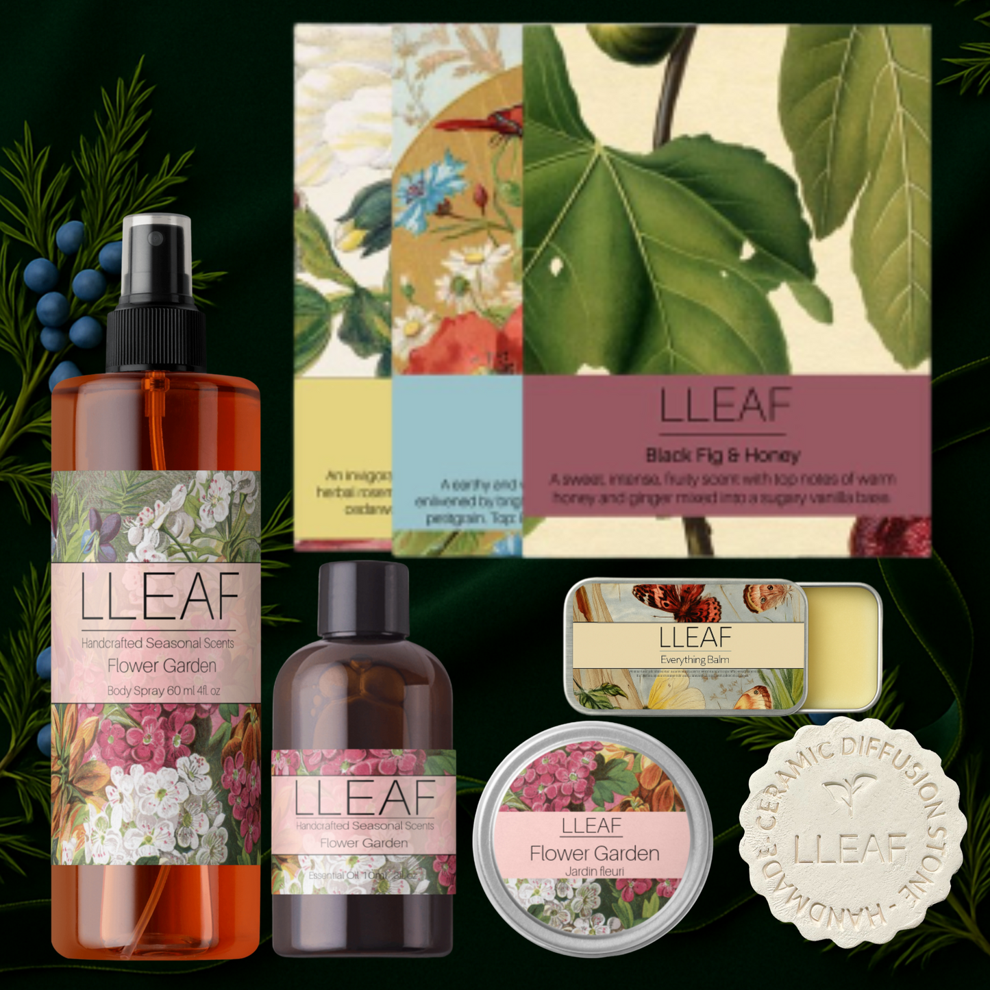 Collection of LLEAF products including bottles, boxes, and a soap on a green leafy background