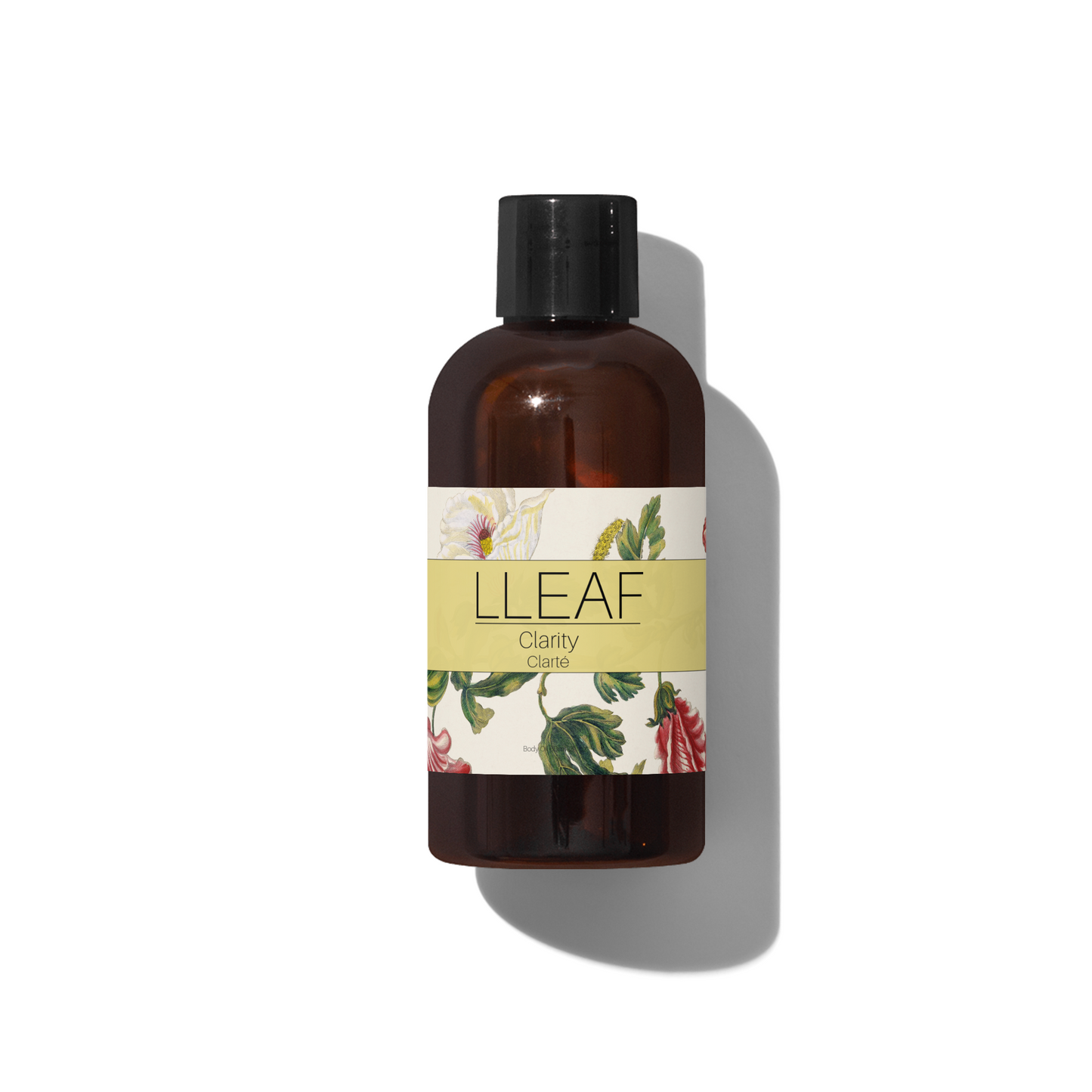 Bottle of LLEAF Clarity with a floral label on a white background