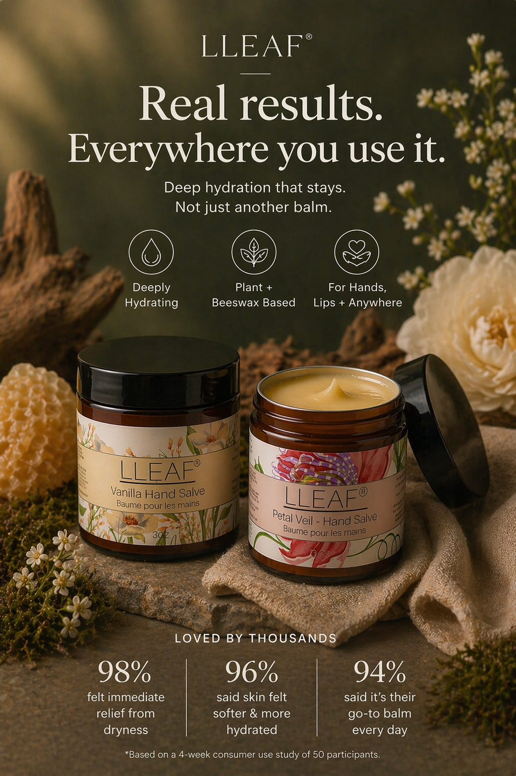 Two LLEAF balm jars with a natural background and product details.