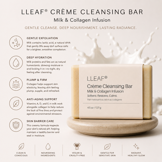 LLEAF Crème Cleansing Bar with product details on a light background