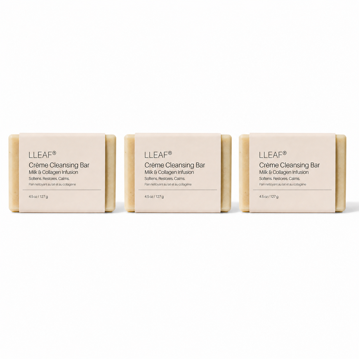 Three LLEAF Crème Cleansing Bars on a white background