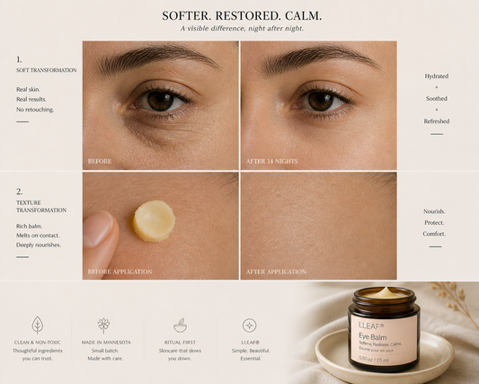 Eye balm advertisement showing before and after effects on skin with a jar of eye balm.