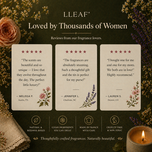 Product packaging with customer reviews and branding on a dark background with flowers and a candle.