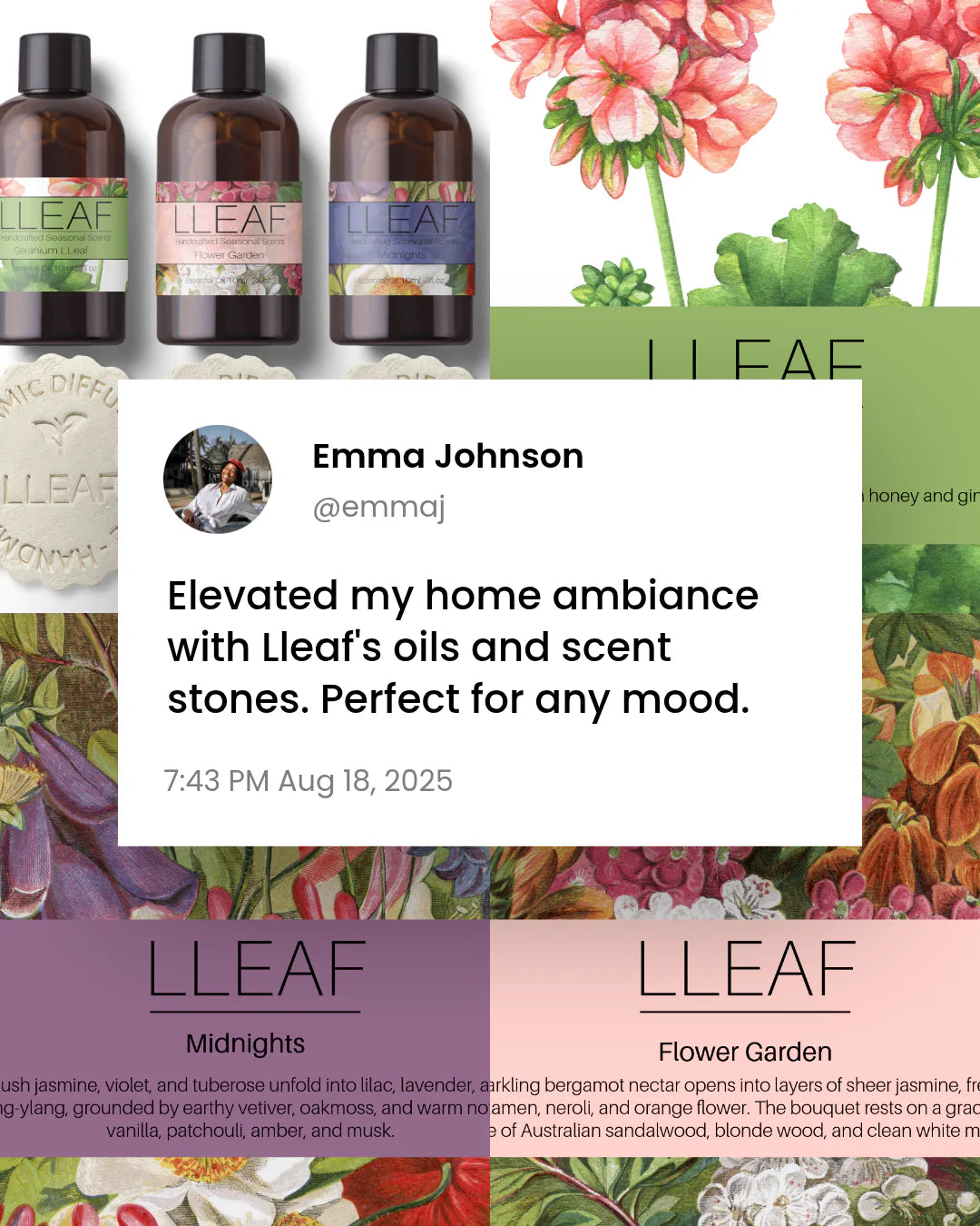 Promotional graphic for LLEAF products with a quote from Emma Johnson about their use.