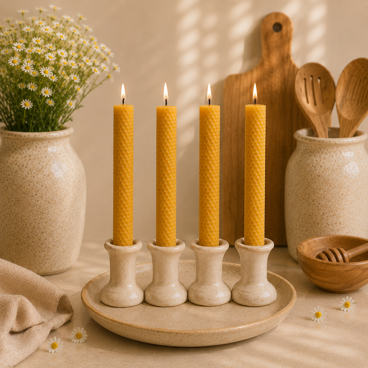 Four beeswax candles in white holders on a beige plate with a vase of flowers and kitchen utensils in the background.