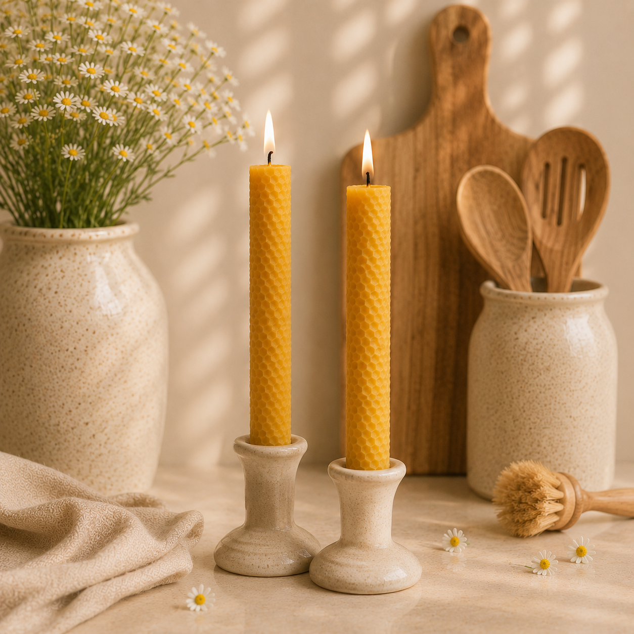 Two beeswax candles in white candlesticks on a wooden surface with a vase of flowers, wooden cutting board, and kitchen utensils in the background.