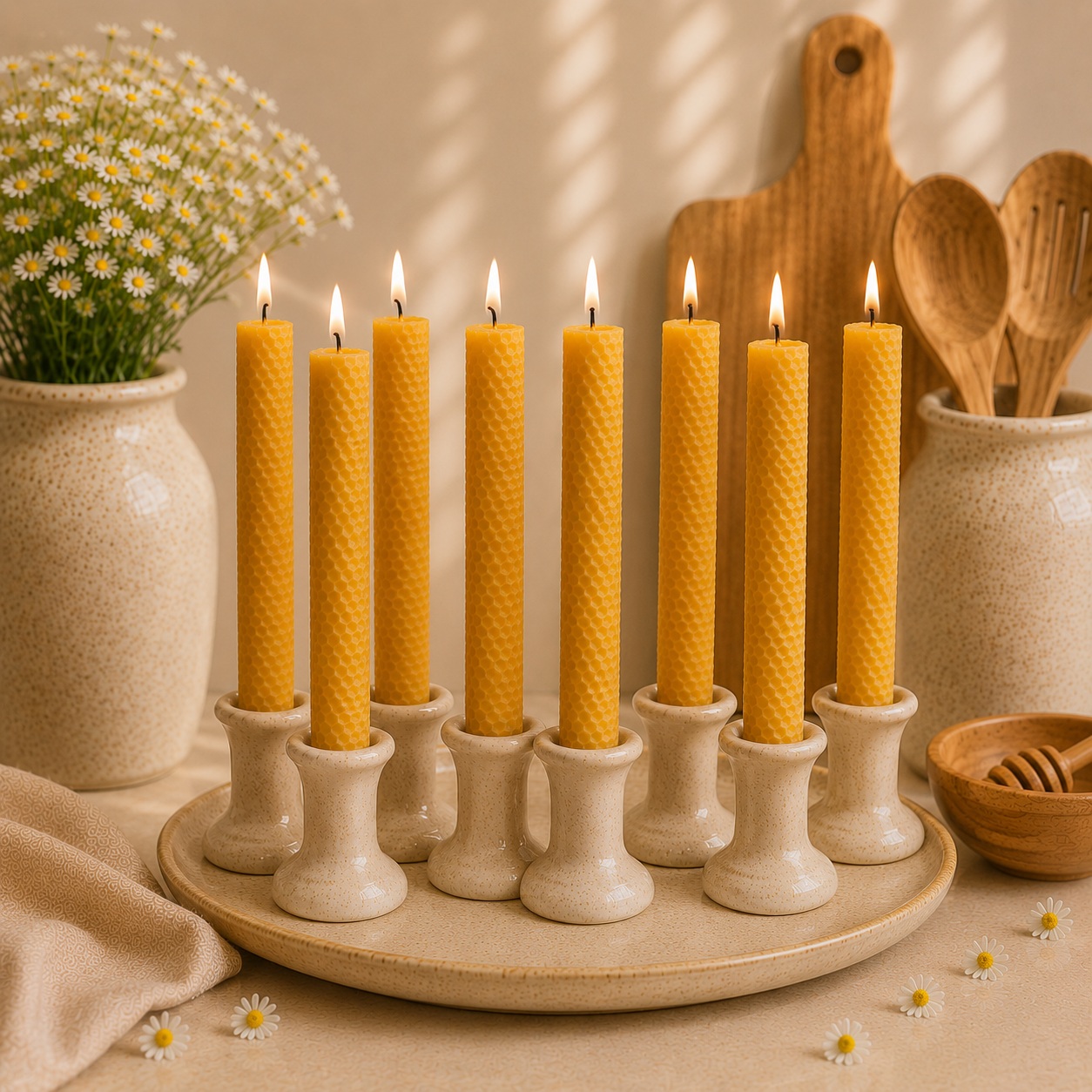 Set of nine beeswax candles in white candle holders on a wooden surface with a vase of flowers and kitchen utensils in the background.