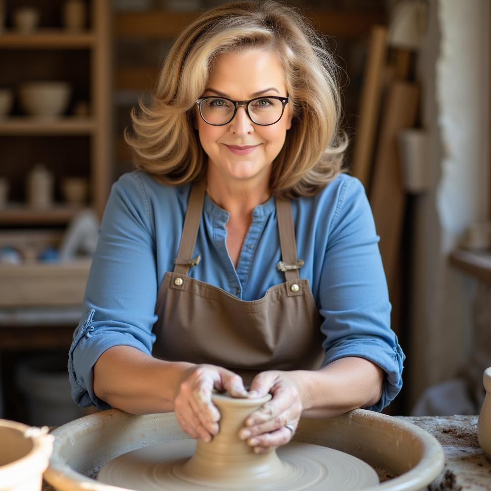 Woman in a pottery studio making a clay pot