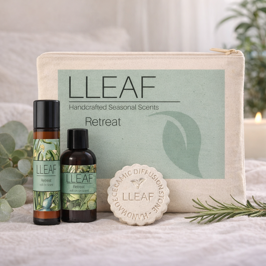 LLeaf diffuser set with bottles, pouch, and soap on a soft surface with eucalyptus leaves.