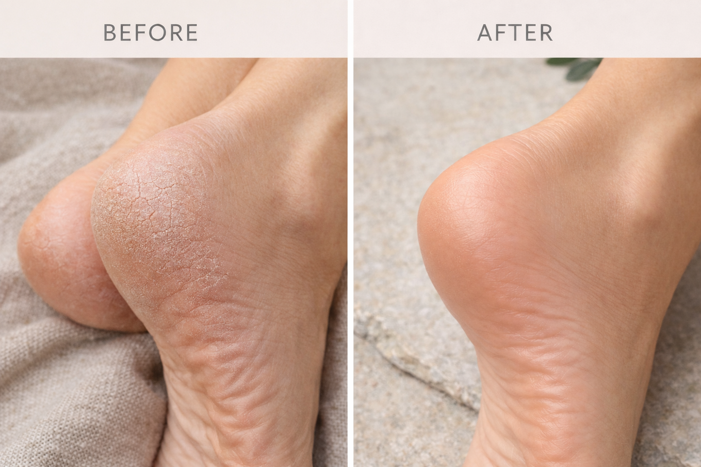 Before and after comparison of a foot's heel skin texture on a neutral background.