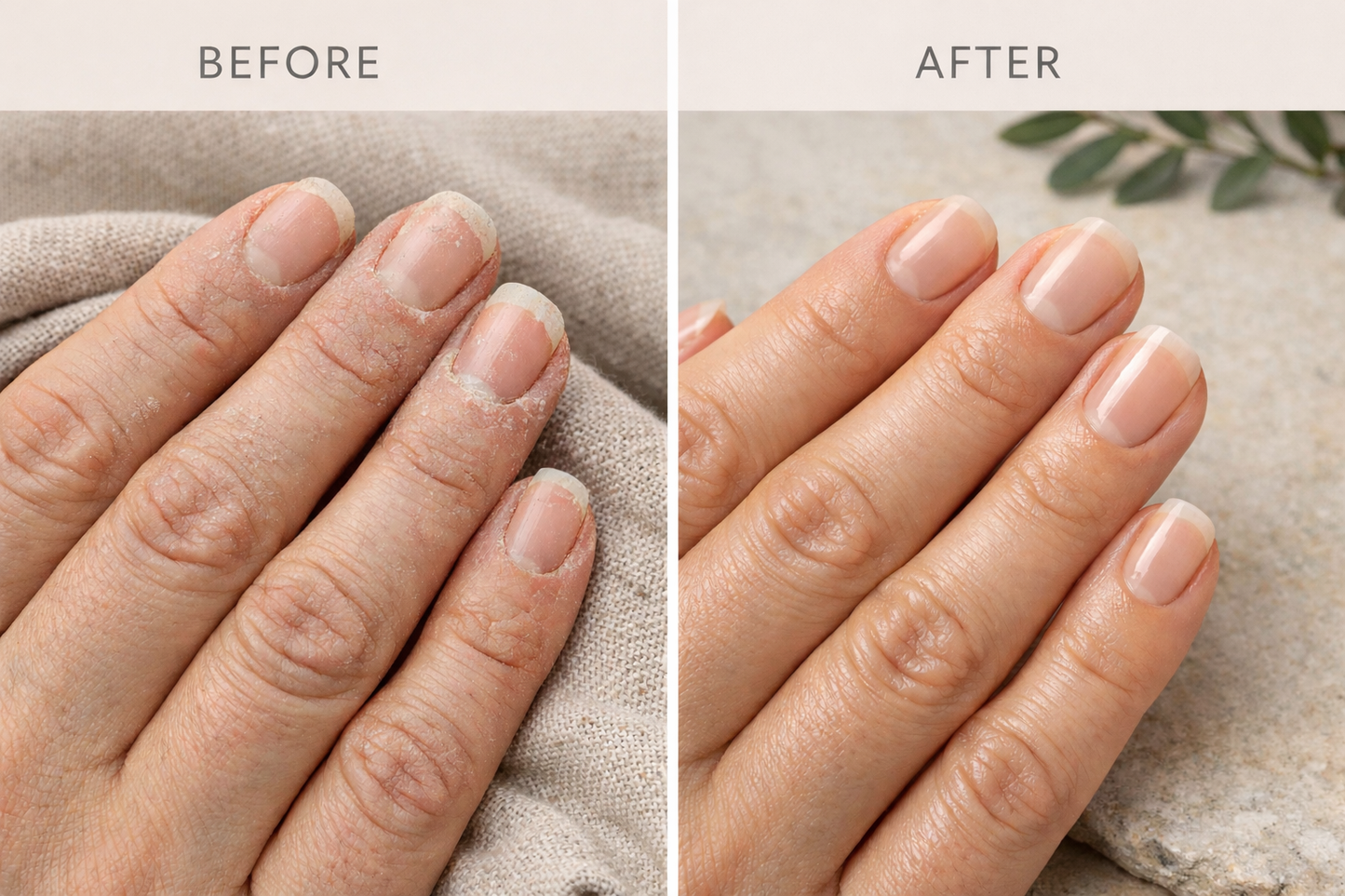 Before and after comparison of hands with manicured nails on a neutral background