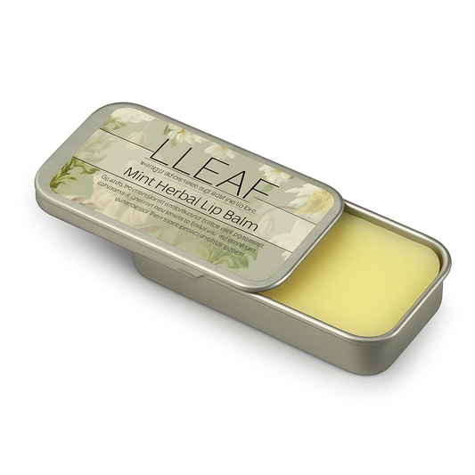 LLEAF Mint Herbal Lip Balm in a metal tin on a white background