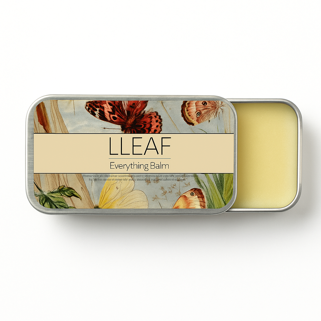 Balm tin with butterfly design and 'LLEAF' branding on a white background
