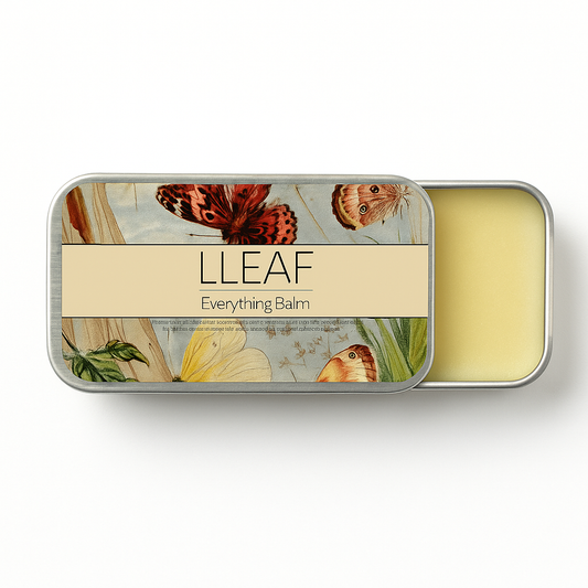 Balm tin with butterfly design and 'LLEAF' branding on a white background