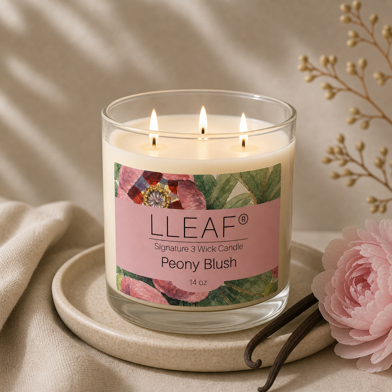 Peony Blush - LLEAF® Signature 3 Wick Candle - Intensive Scents