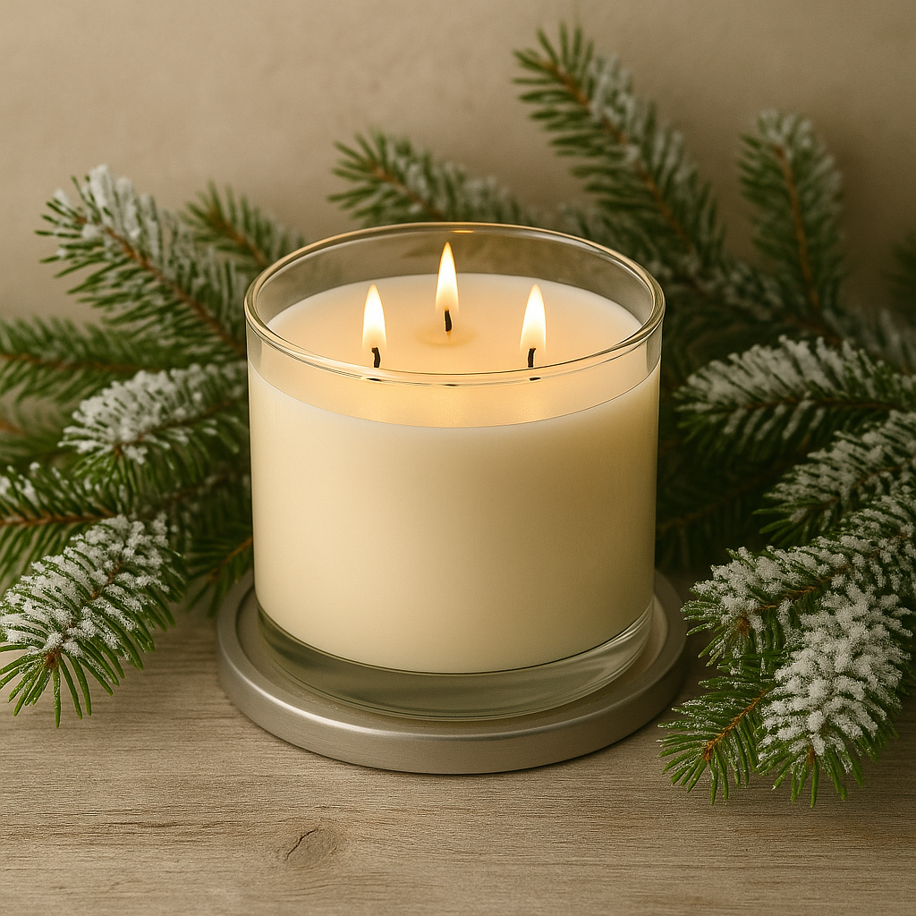 Three-wick candle in a glass container with a metallic base, surrounded by frosted pine branches on a wooden surface.