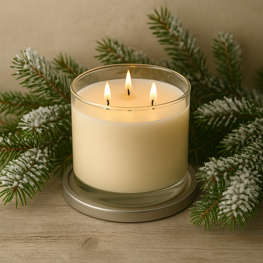 Three-wick candle in a glass container with a metallic base, surrounded by frosted pine branches on a wooden surface.
