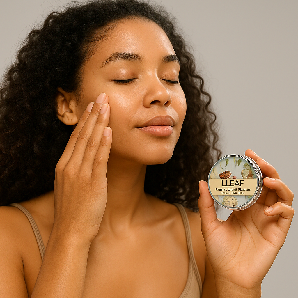 Woman holding a container of LLEAF product near her face against a neutral background