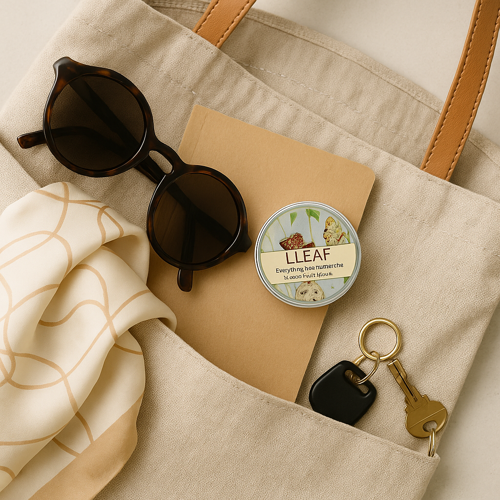Beige tote bag with sunglasses, notebook, and keychain on a neutral background