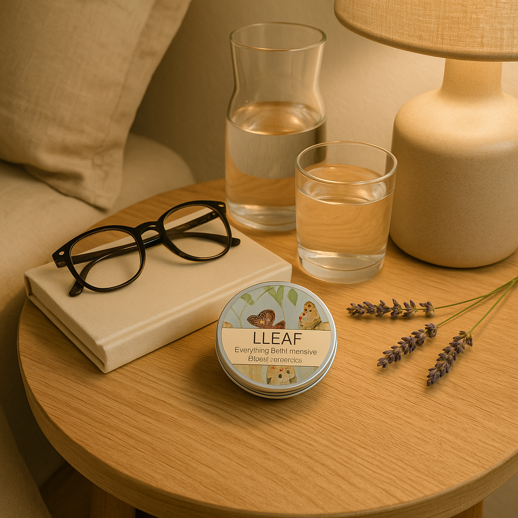 Lamp, glass of water, book, glasses, and a container labeled 'LLEAF' on a wooden table.