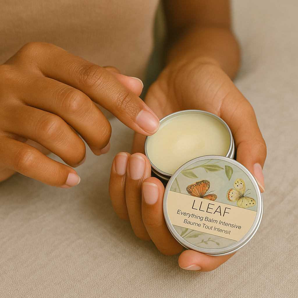 Person holding an open tin of LLEAF balm with a focus on the product.