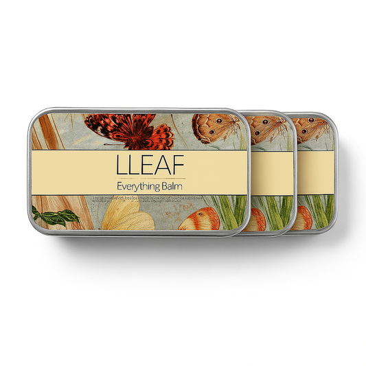 Balm tin with butterfly design and 'LLEAF' branding on a white background