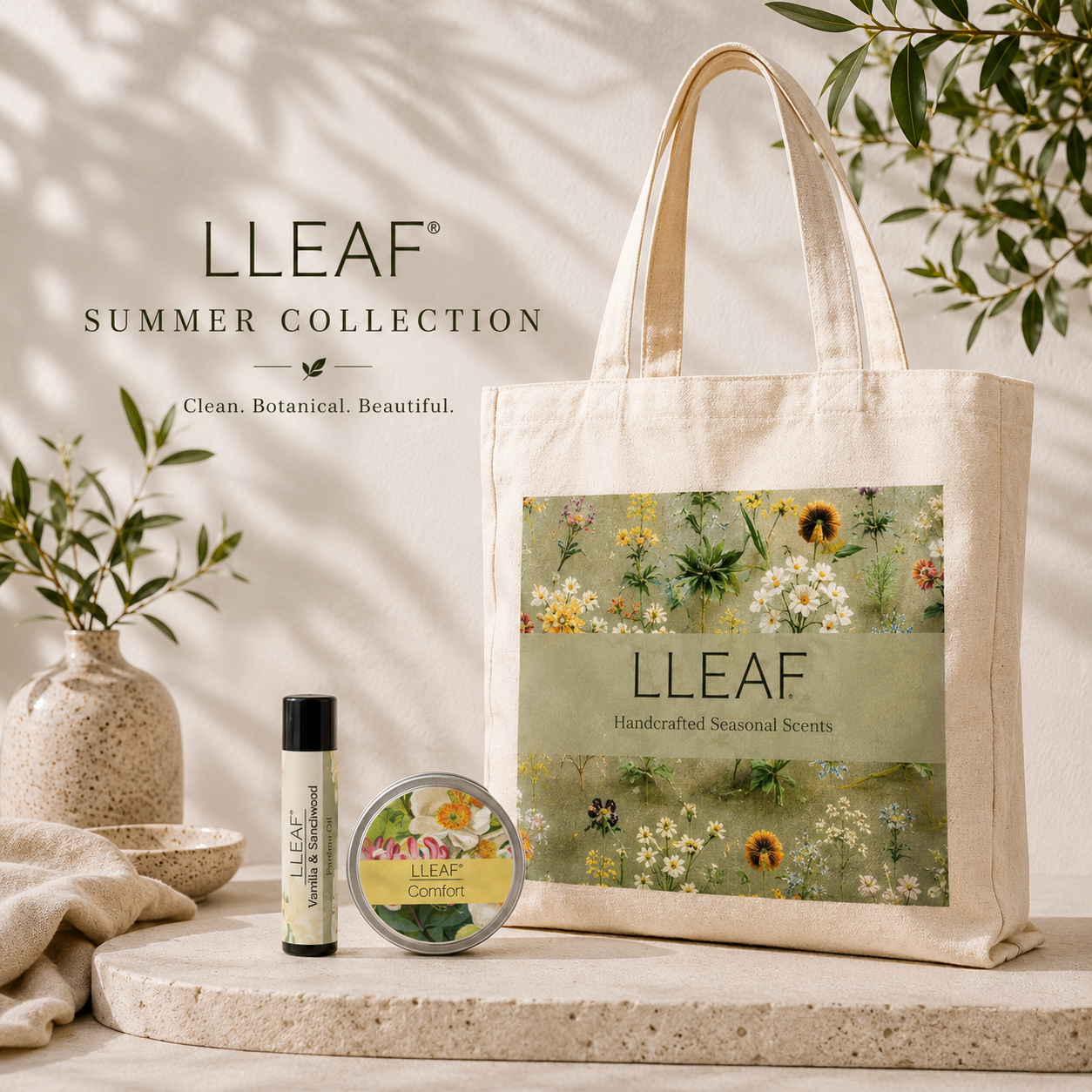 LLEAF®'s  Discovery Collection - Tote, Fragrance and Lip Balm