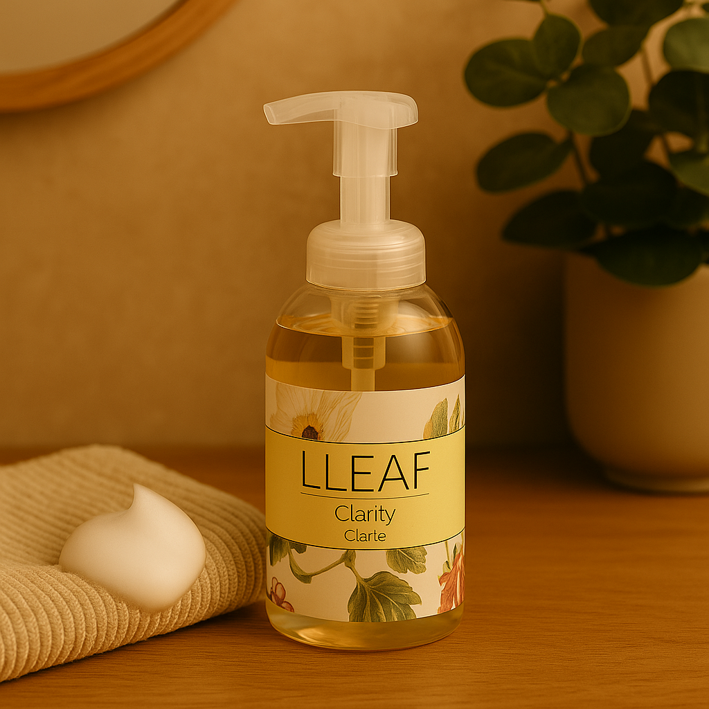 Bottle of LLEAF Clarity product on a wooden surface with a plant in the background