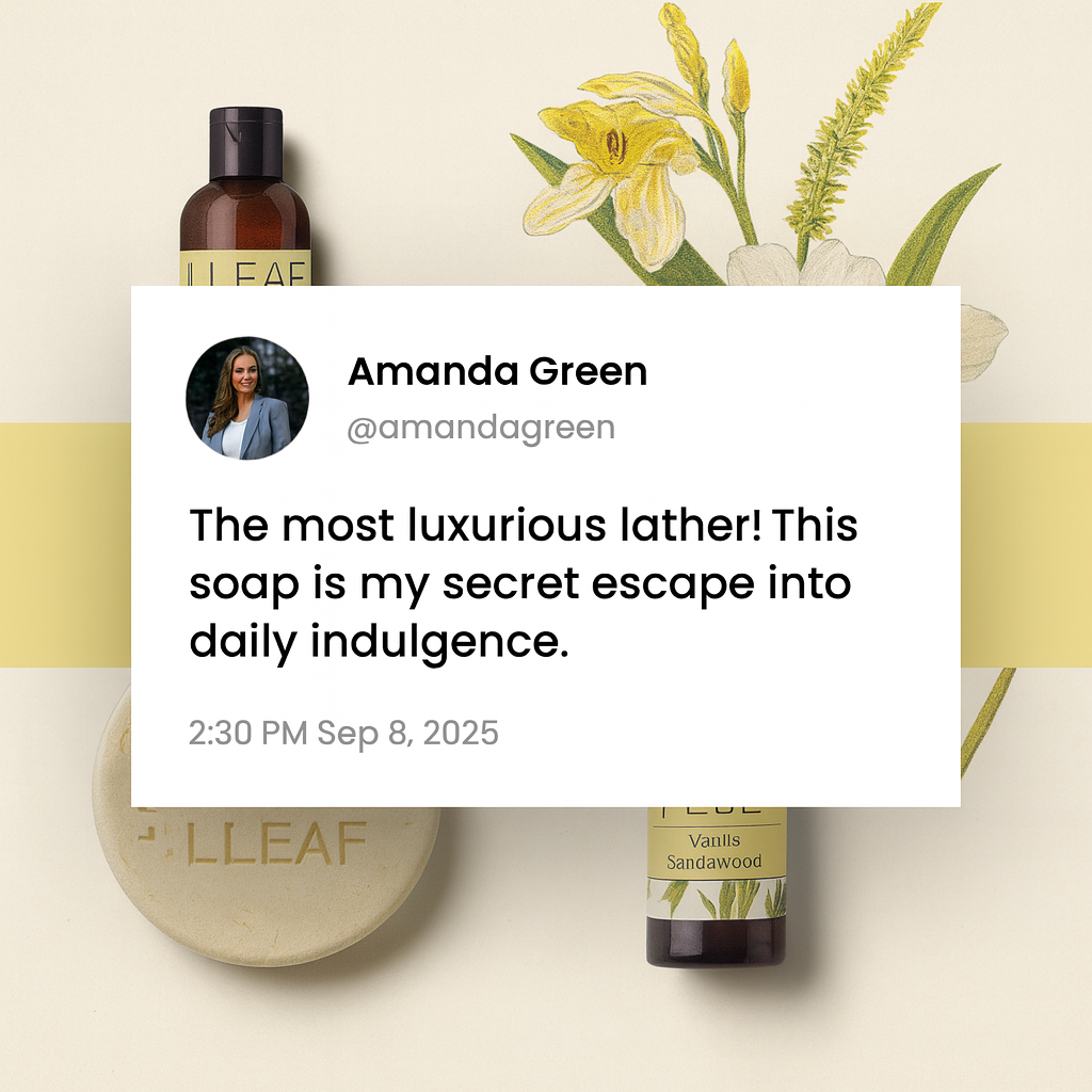 Soap and bottle with text overlay on a light background