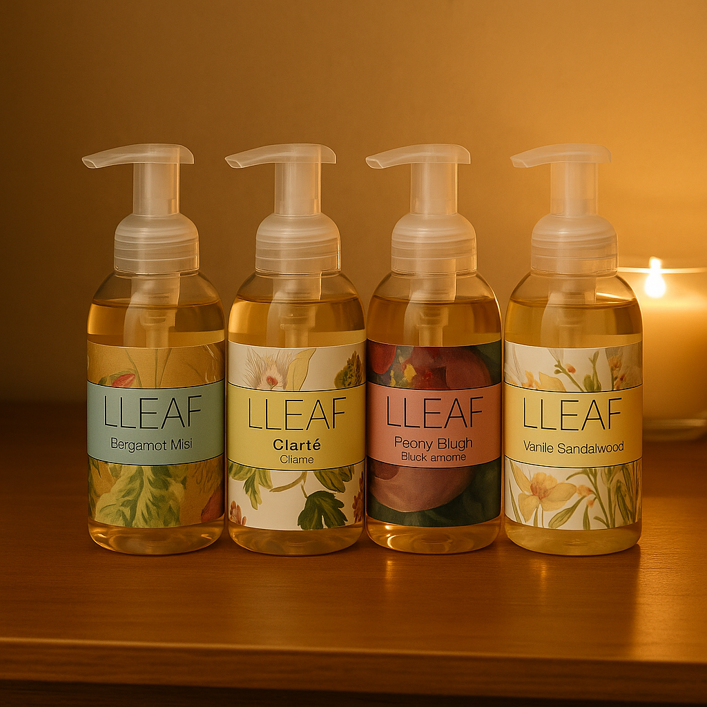 Four LLEAF soap bottles on a wooden surface with a candle in the background.