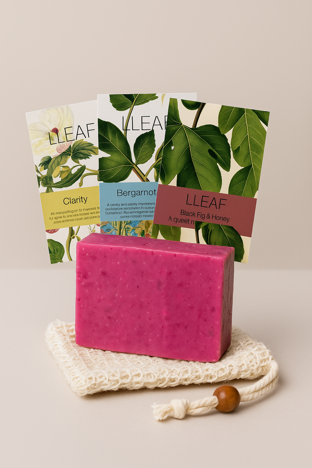 Pink bar of soap on a white surface with LLEAF product packaging in the background.